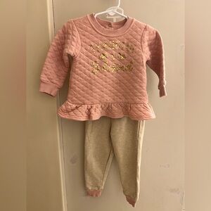 Pink Quilted Sweatshirt and Beige Pants Set